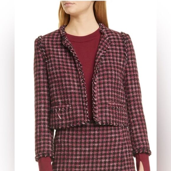 Boss Jackets & Blazers - Hugo Boss Johella Modern Tweed Cotton Blend Jacket Burgundy & Black crop blazer